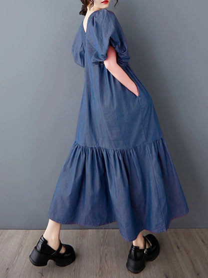 XITAO Puff Sleeve Solid Color Pleated Female Dress V-neck Patchwork Personality Temperament Elegant Summer Woman Dress ZMY1255