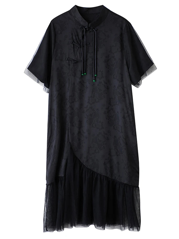 XITAO Loose Mesh Patchwork Female Dress Casual Vintage Tassel Women Summer Short Sleeve Irregular Goddess Fan Dress HQQ2480