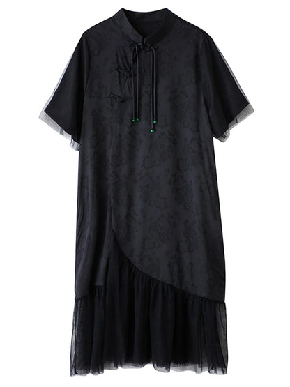 XITAO Loose Mesh Patchwork Female Dress Casual Vintage Tassel Women Summer Short Sleeve Irregular Goddess Fan Dress HQQ2480