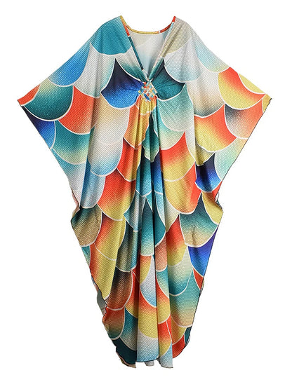 XITAO Side Slit Bat Wing Sleeve Dress Print V-neck Pullover A-line Personality Loose Summer Woman Ankle-length Dress GJ1192