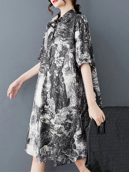 XITAO Loose Print Shirt Dress Vintage Simple Short Sleeve Slimming All-match Women Summer Korea Irregular Dress ZMY1150