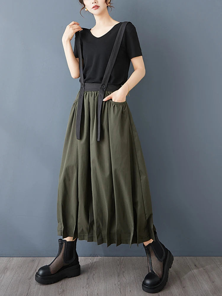 XITAO Folds Suspenders Contrast Color Skirts Casual Pocket Patchwork All Match A-line Loose Slimming Personality Skirt ZY8932