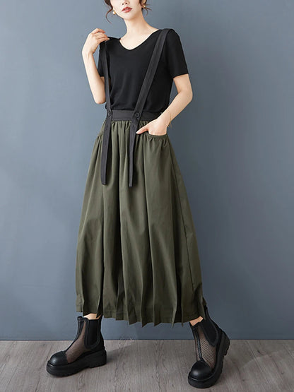 XITAO Folds Suspenders Contrast Color Skirts Casual Pocket Patchwork All Match A-line Loose Slimming Personality Skirt ZY8932