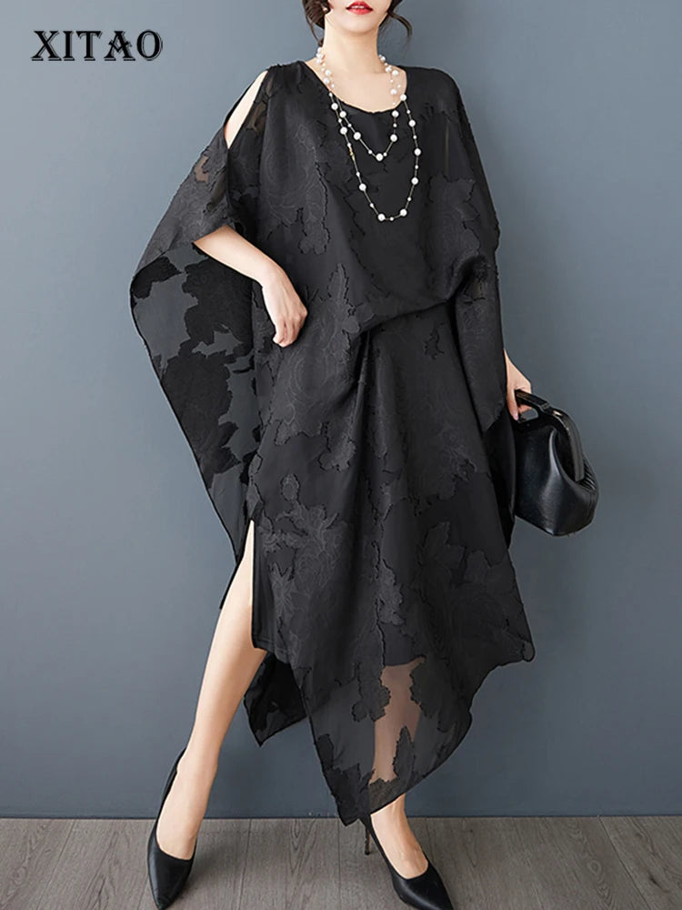 XITAO Asymmetrical Side Split Hollow Out Fold Women Dress Gauze Patchwork O-neck Pullover Loose Mid-calf Casual Dress ZMY1048