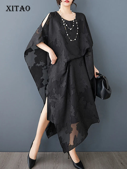 XITAO Asymmetrical Side Split Hollow Out Fold Women Dress Gauze Patchwork O-neck Pullover Loose Mid-calf Casual Dress ZMY1048