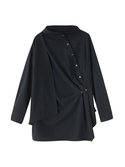 XITAO Single Breasted Half High Collar Shirt Asymmetrical Patchwork Solid Color Long Sleeve Folds Pullover Loose Tops HQQ2500
