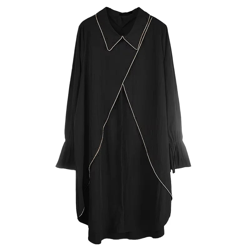 XITAO Asymmetrical Split Turn-down Collar Dress Long Sleeve Patchwork Pullover Hong Kong Loose Temperament Dress GYX1521