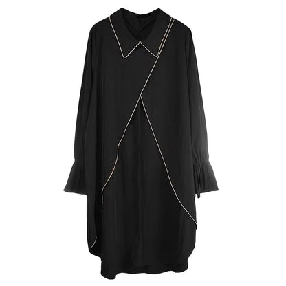 XITAO Asymmetrical Split Turn-down Collar Dress Long Sleeve Patchwork Pullover Hong Kong Loose Temperament Dress GYX1521