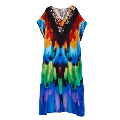 XITAO Print V-neck Batwing Sleeve Contrast Color Dress Pullover Loose Temperament Casual Slimming Personality Dress GYX1515