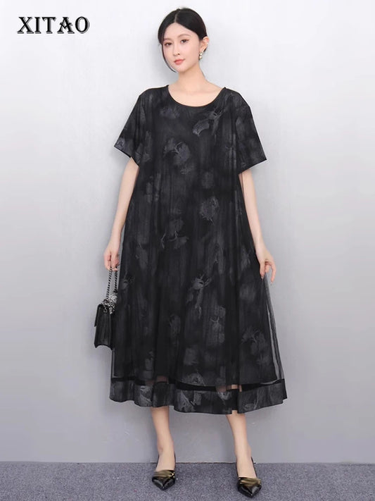 XITAO Loose Mesh Patchwork Print Female Dress Fashion Elegant Trend A-line Women Short Sleeve O-neck Pullover Dress ZMY1250