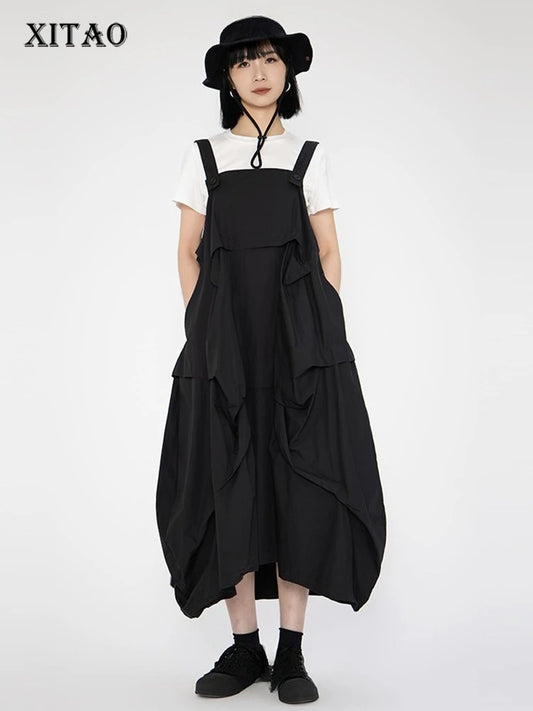XITAO Personality Asymmetrical Hong Kong Female Dress Solid Color Square Collar Casual Spaghetti Strap Summer Dress ZMY1224