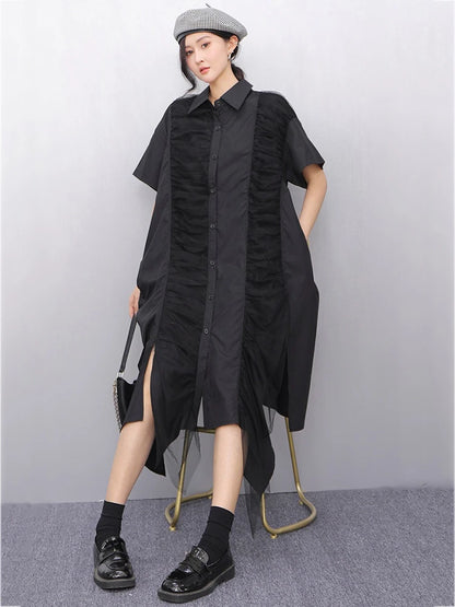XITAO Irregular Patchwork Lace Mesh Female Dress Contract Color Loose Sweet Pleated Short Sleeve Summer Women Dress GYX1644