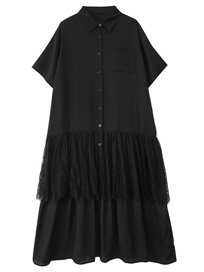 XITAO Patchwork Lace Pleated Women Dress Casual Loose Fitting A-line Simple Fashion Single Breasted Summer Women Dress ZMY1251