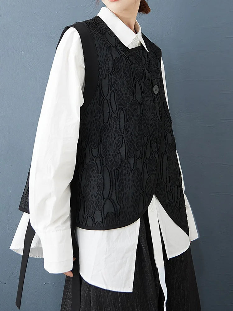 XITAO Irregular Black O-neck Vest Casual Sleeveless Female Top New Autumn Single Breasted Women Fashion All Match Vest GJ1216