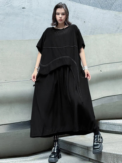 XITAO Patchwork Solid Color Loose Dress O-neck Short Sleeve A-line Pullover Slimming Temperament Summer Woman Dress ZMY1379