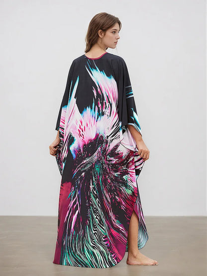 XITAO Print Pullover V-neck Dress Bat Wing Sleeve Vintage Temperament New Arrival Fashion Irregular Summer Woman Dress GJ1203