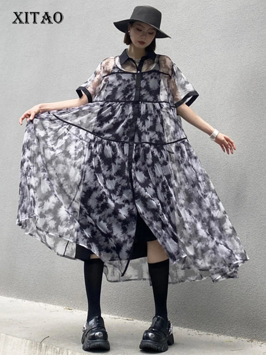 XITAO Mesh Patchwork Print Shirt Dress Loose Single Breasted Women Trend All-match Casual Summer Short Sleeve Dress ZMY1248