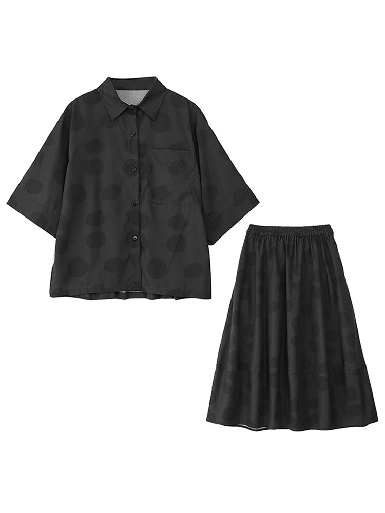 XITAO Polka Dot Print Pocket Patchwork Female Sets Turn-down Collar Short Sleeve Loose Top Elastic Waist Skirt HQQ2486