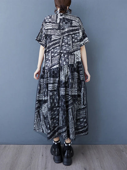 XITAO Gauze Patchwork Print Single Breasted Dress Turn-down Collar Sort Sleeve Pullover Loose Mid-calf Casual Dress ZMY1138