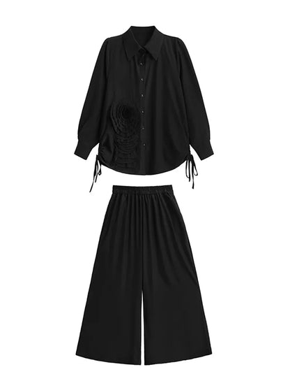 XITAO Side Split Bandage Three-dimensional Pant Sets Solid Color Single Breasted Top Elastic Waist Pocket Loose Pant GYX1527