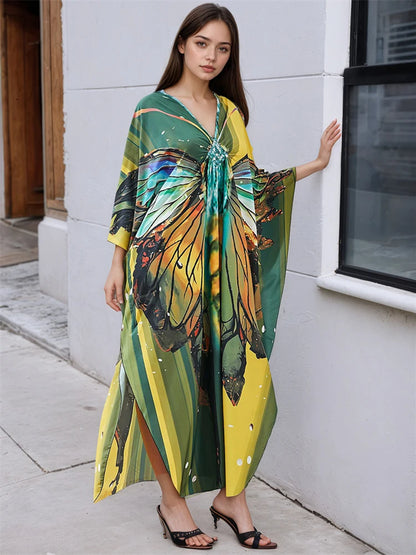 XITAO Butterfly Print Batwing Sleeve Pullover Dress Contrast Color V-neck Loose Temperament Ankle-length Women Dress GJ1144