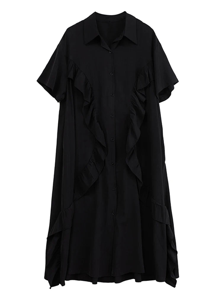 XITAO Irregular Edible Tree Fungus Shirt Dress Solid Color Loose Slimming Single Breasted Women Casual A-line Dress GYX1637