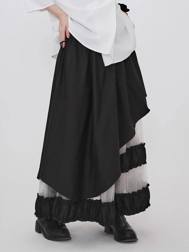 XITAO Gauze Patchwork Contrast Color Asymmetrical Skirt Elastic Waist Loose Casual Temperament A-line Slimming Skirt ZMY1352