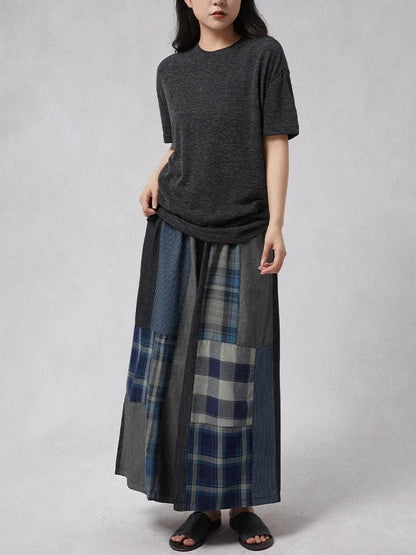 XITAO Patchwork Plaid Loose Pants Contrast Color Elastic Waist New Arrival Summer All-match Woman Wide Leg Pants ZMY1238