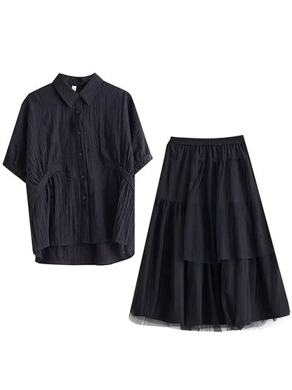 XITAO Mesh Patchwork Elastic Waist Matching Set Casual Solid Color Single Breasted Turn-down Collar New Women Set ZMY1139