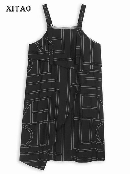 XITAO Irregular Geometric Pocket Dress Loose Personality Temperament Sleeveless Summer Woman Adjustable Straps Dress HQQ2493