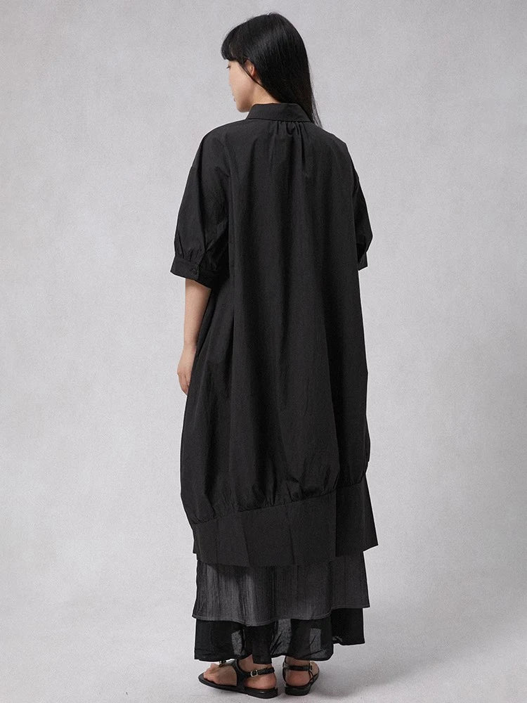 XITAO Irregular Pleated Turn-down Collar Dress Single Breasted Solid Color A-line Loose Half Sleeve Summer Female Dress GYX1656