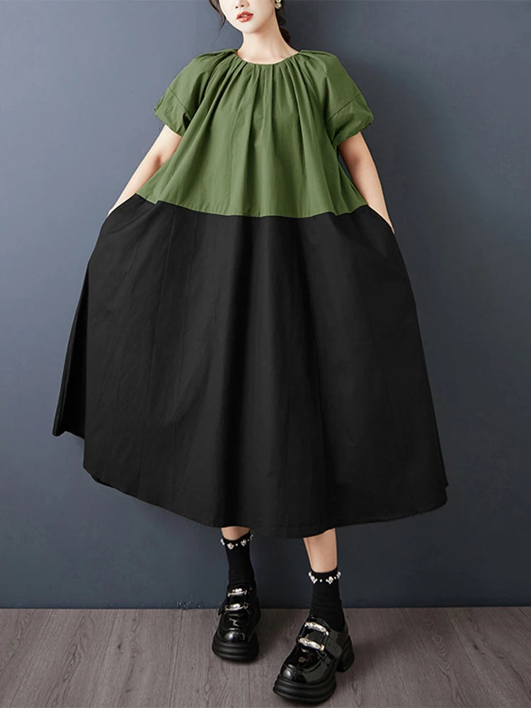 XITAO A-line Contrast Colors Loose Dress Pullover Patchwork O-neck Lantern Sleeve Slimming Casual Summer Woman Dress ZMY1409