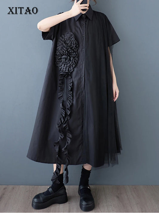 XITAO Patchwork Mesh Flower Dress Casual Solid Color Loose Fitting Korea A-line Short Sleeve Single Breasted Women Dress GYX1626
