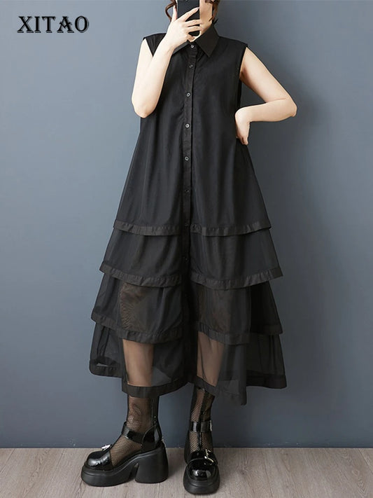 XITAO Patchwork Mesh Turn-down Collar Dress Casual A-line Sleeveless Fashion All Match Single Breasted Women Dress GYX1659