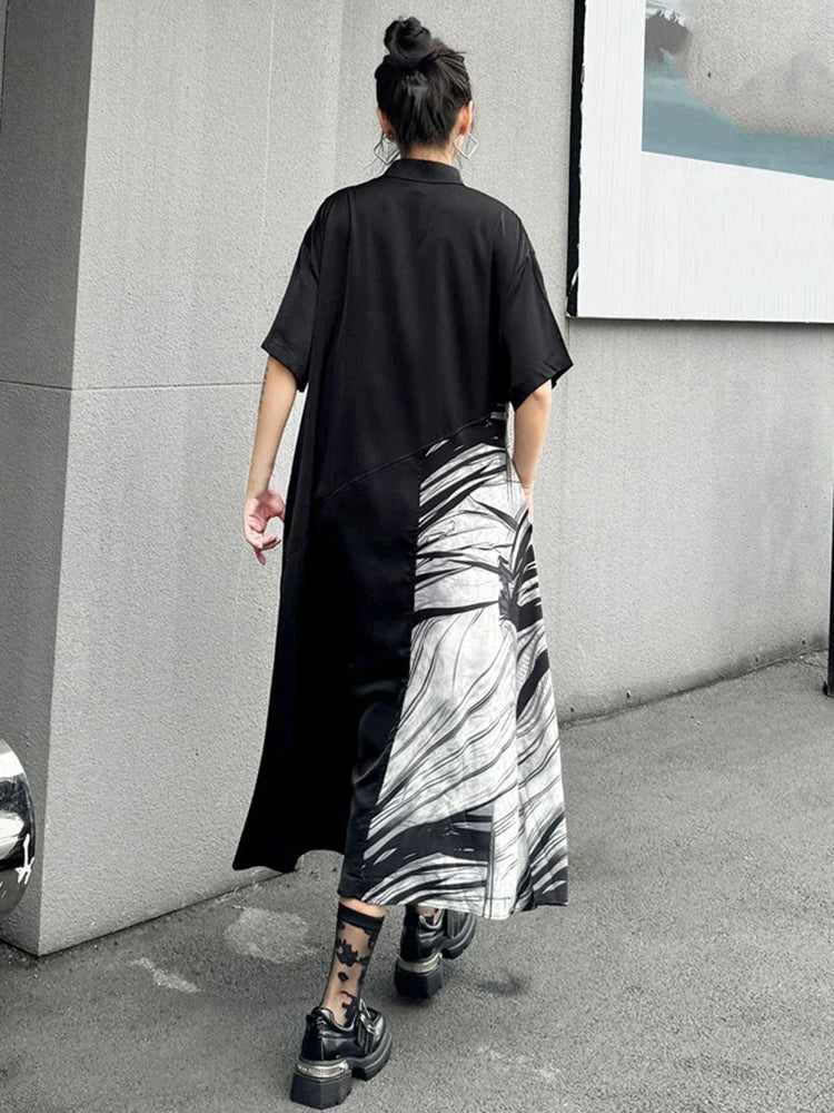 XITAO Loose Patchwork Print Dress Vintage Contrast Color Single Breasted Women Summer Casual Slimming Irregular Dress HQQ2356