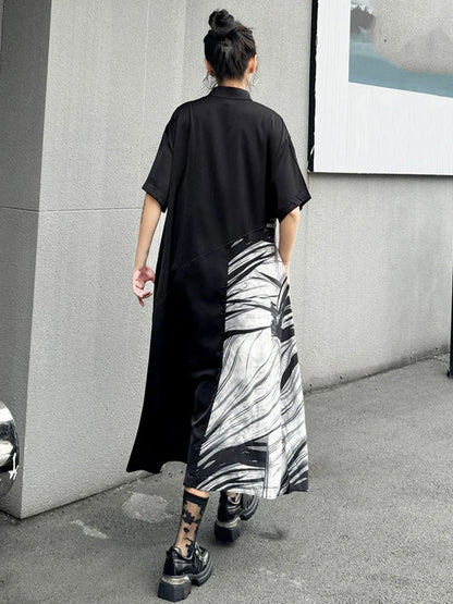XITAO Loose Patchwork Print Dress Vintage Contrast Color Single Breasted Women Summer Casual Slimming Irregular Dress HQQ2356