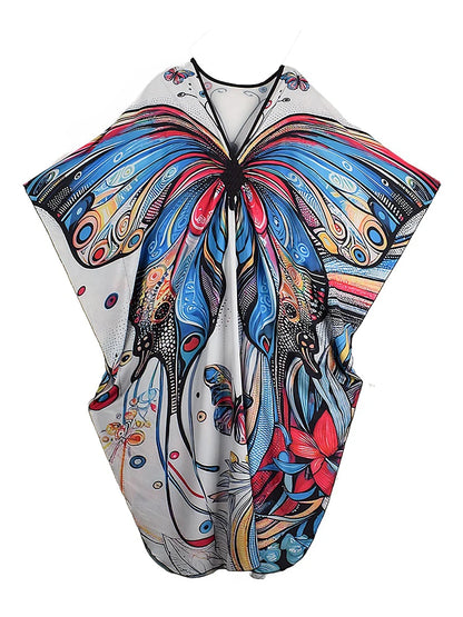 XITAO A-line Bat Wing Sleeve Print Dress Contrast Color Fashion Loose V-neck Vintage Slimming Casual Summer Woman Dress  GJ1170