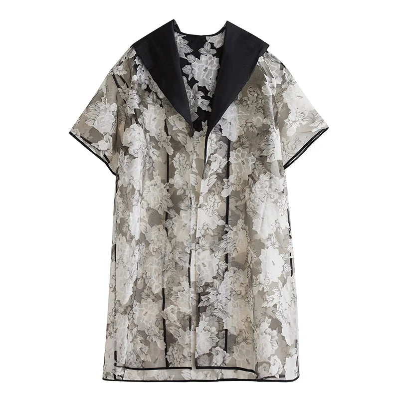 XITAO Print Patchwork Contrast Color Female Trench Hooded All-match Gauze Half Sleeve Summer Woman Cardigans Trench ZMY1257