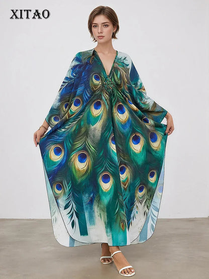 XITAO Peacock Print Vintage Dress Pullover V-neck Bat Wing Sleeve Temperament Slim Summer Woman Loose Casual Dress GJ1152