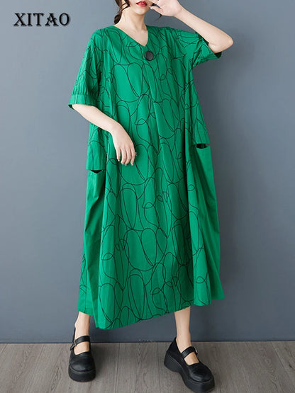 XITAO Loose V-neck Print Women Dress Fashion Slimming Patchwork Women Simple Temperament Casual Irregular Trend Dress HQQ2437