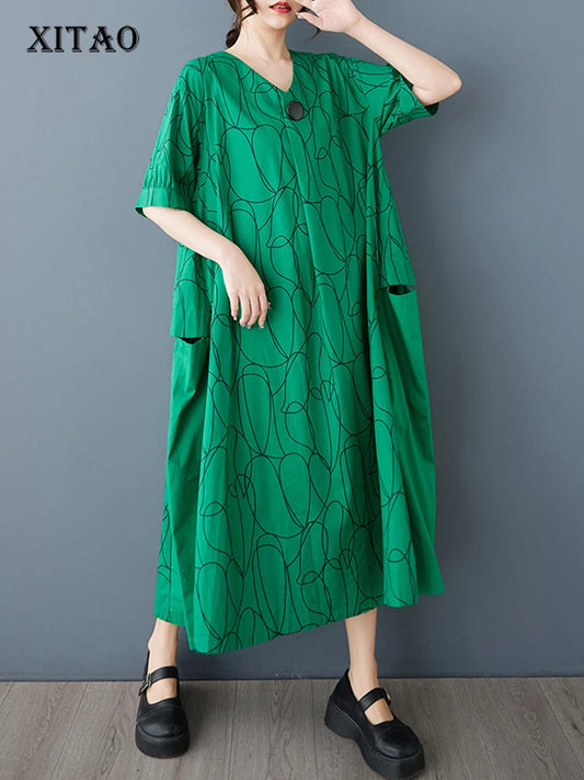 XITAO Loose V-neck Print Women Dress Fashion Slimming Patchwork Women Simple Temperament Casual Irregular Trend Dress HQQ2437
