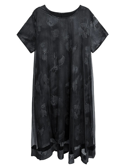 XITAO Print Patchwork Gauze Female Dress Short Sleeve O-neck A-line Loose Elegant Temperament Summer Woman Dress ZMY1239