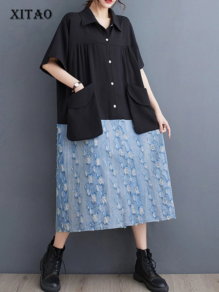 XITAO Contrast Color Patchwork Pocket Female Dress Pullover Turn-down Collar Short Sleeve Casual Loose Slimming Dress ZMY1059
