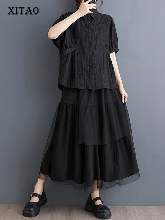 XITAO Patchwork Mesh Single Breasted Short Sleeve Lapel Matching Set Casual Solid Color A-line Elastic Waist Women Set GYX1576