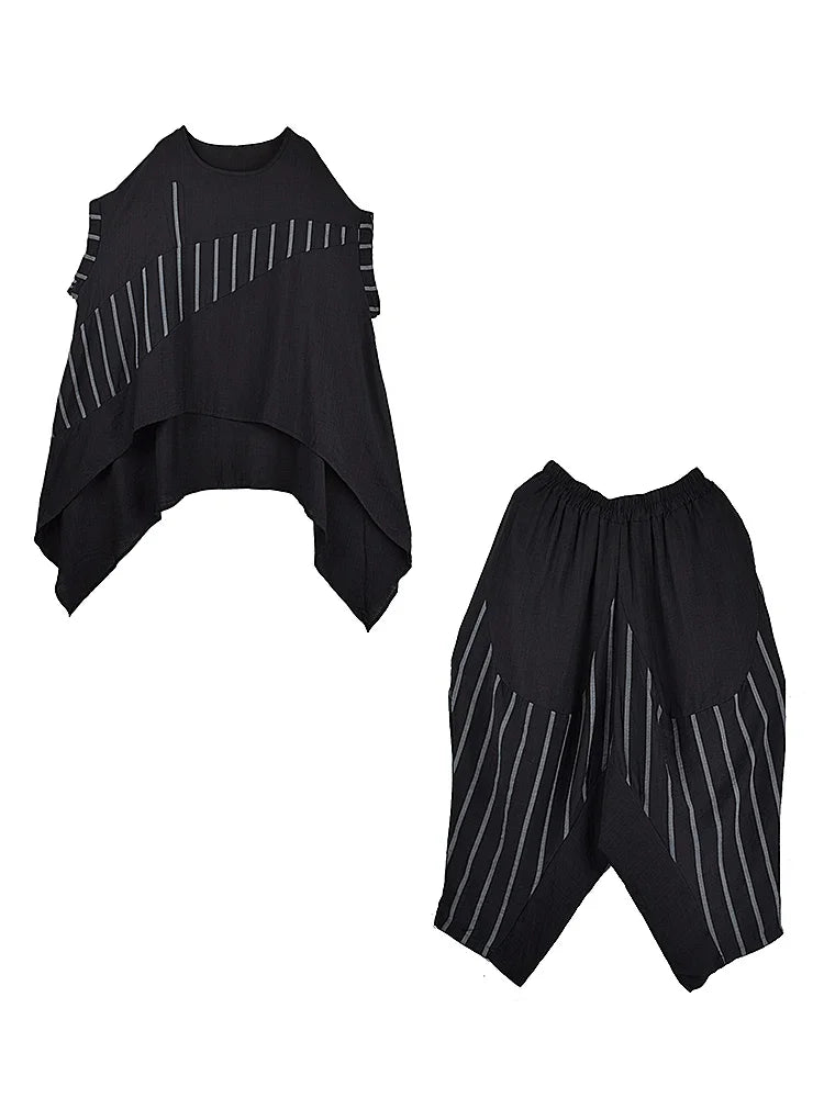 XITAO Asymmetrical Stripe Patchwork O-neck Sets Casual Loose Fitting Short Sleeve Pullover Simple Summer Female Set ZMY1326