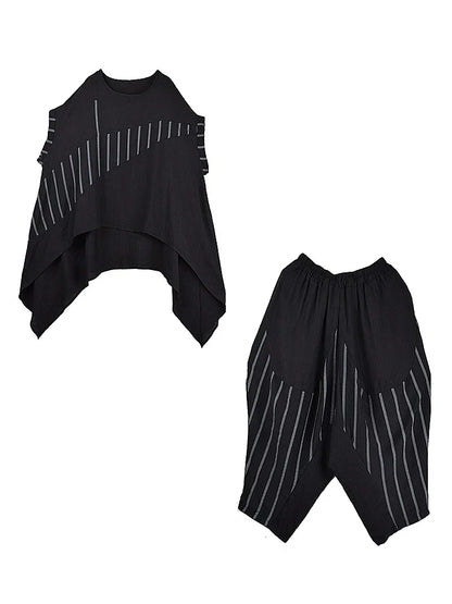 XITAO Asymmetrical Stripe Patchwork O-neck Sets Casual Loose Fitting Short Sleeve Pullover Simple Summer Female Set ZMY1326
