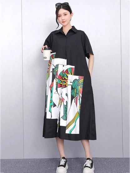 XITAO Patchwork Print Cartoon Dress Casual Turn-down Collar Loose Fitting New Single Breasted Summer Female Dress GYX1552