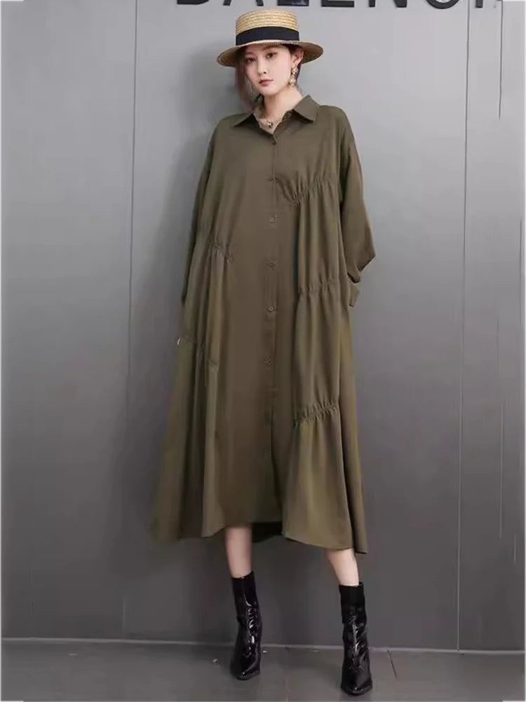 XITAO Pleated Lapel Single Breasted Dress Casual Loose Solid Color Full Sleeve Turn-down Collar Spring Women Dress GYX1582