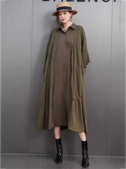XITAO Pleated Lapel Single Breasted Dress Casual Loose Solid Color Full Sleeve Turn-down Collar Spring Women Dress GYX1582