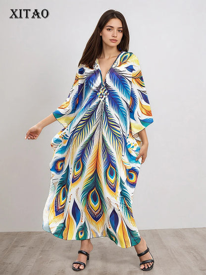 XITAO Bohemian Print V-neck Women Dress Casual Summer Pullover A-line Personality Cartoon Female Bat Sleeve Loose Dress GJ1210